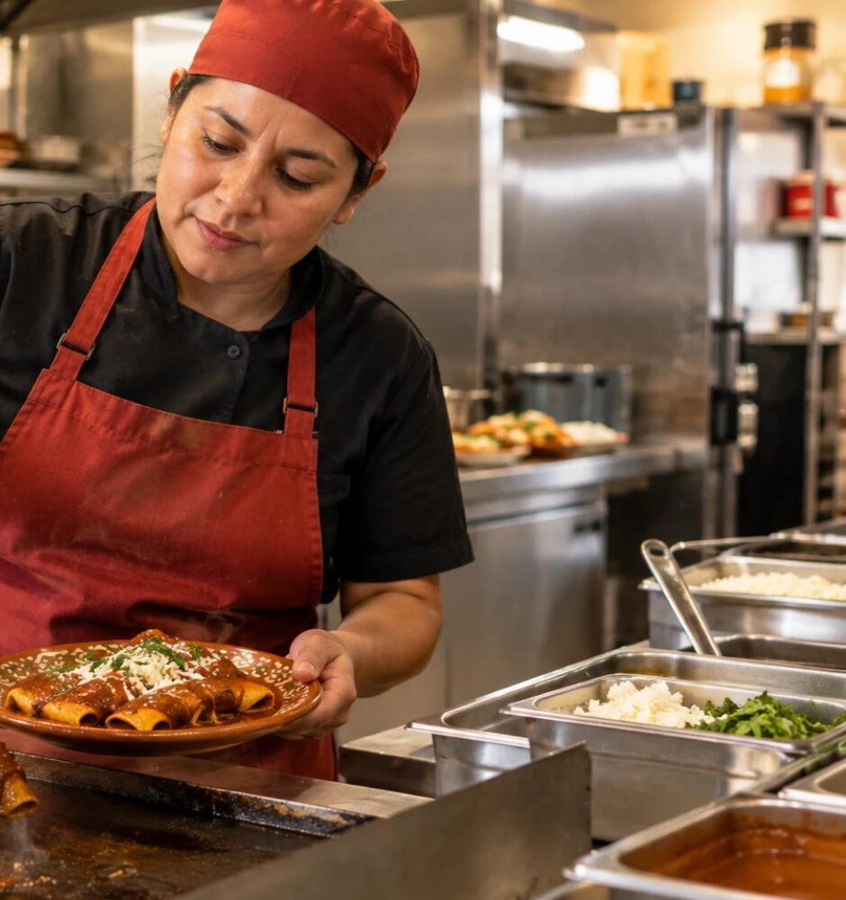 Una cocinera con mandil rojo sirve un plato de enchiladas recién hechas en la cocina del restaurante.
