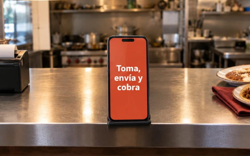Un celular con Comanda abierto, recargado sobre la barra de acero de una cocina; al lado, una impresora de tickets y platillos listos.