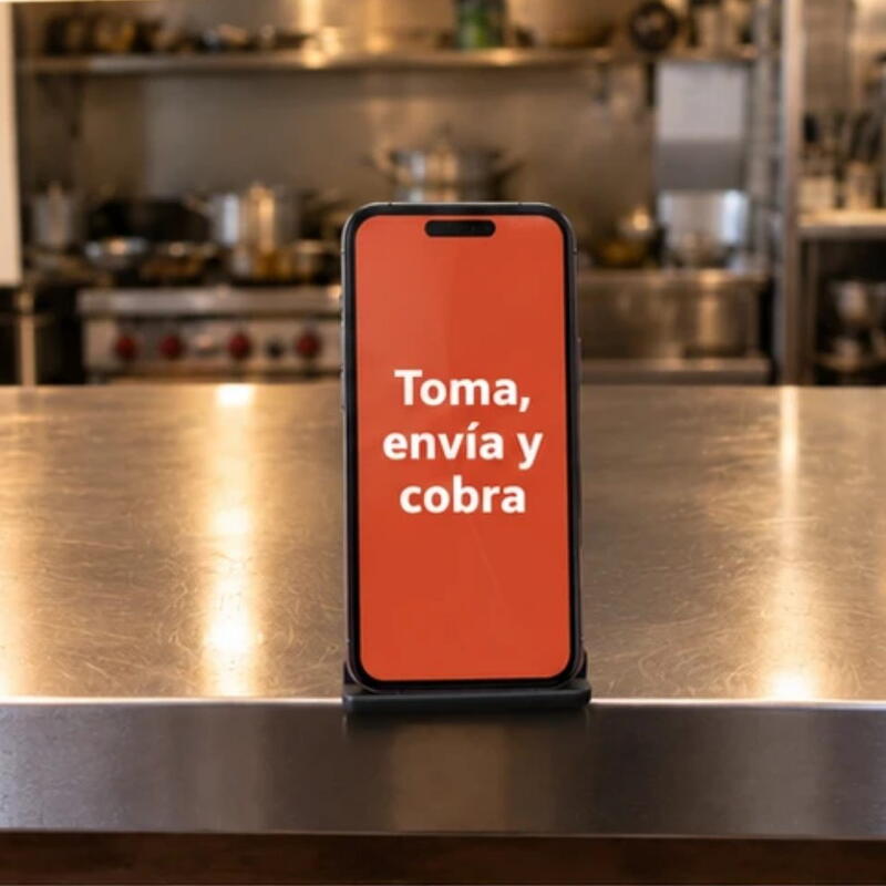 Un celular con Comanda abierto a pantalla completa, sobre la barra de una cocina.